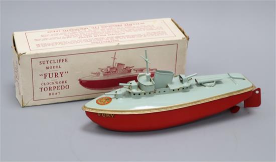 A Sutcliffe Fury clockwork torpedo boat, boxed